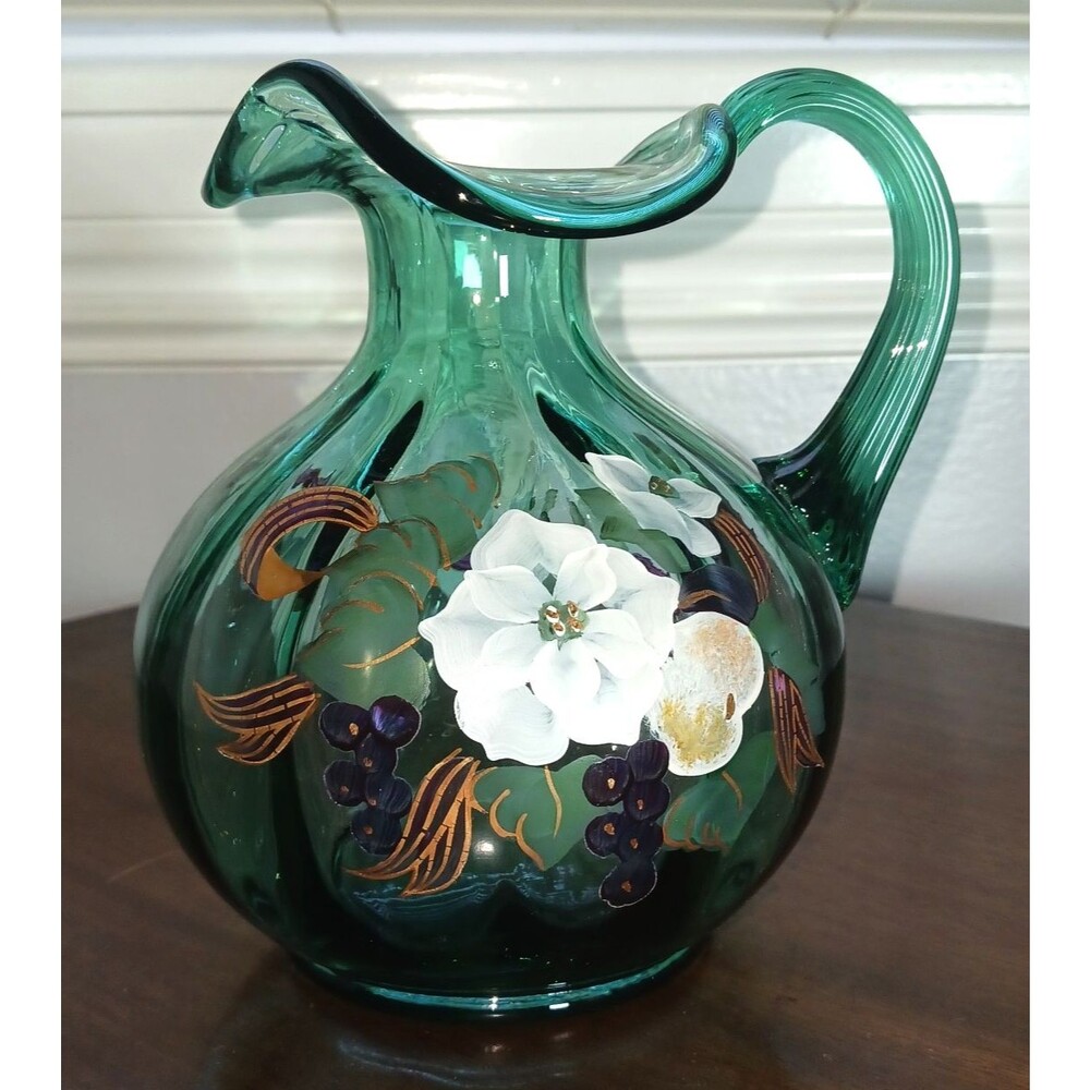 Fenton Seafoam Green Pitcher Floral Art Glass 7" Signed Alice Farley Hand Paint